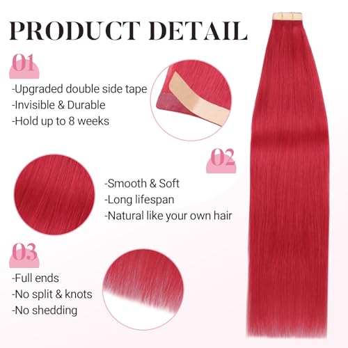 MAXITA Colored Hair Extensions Tape Ins - Highlighted Human Hair, 20 Inch, 10PCS, Red Hot Variation