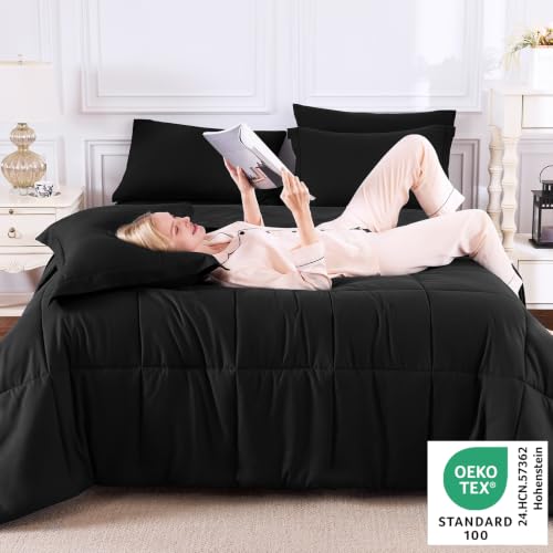 Oversized King Comforter Set - Black 7-Piece Bed in a Bag, CozyLux
