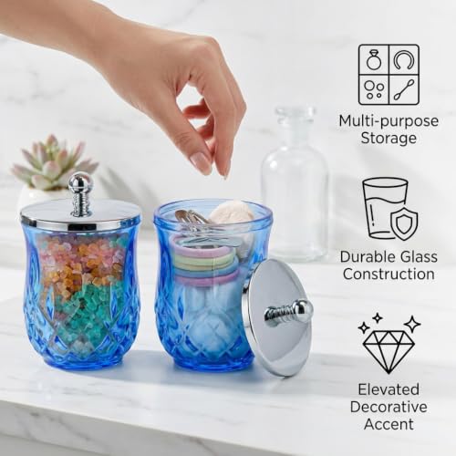 Blue 10Oz Glass Q-Tip Holder 2 Pack - Round Bathroom Cotton Organizer