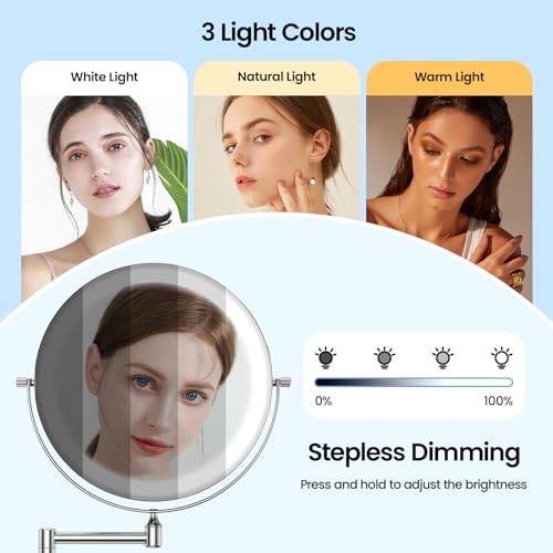 Gospire 8.5" Rechargeable Wall Mounted Lighted Makeup Mirror with Magnification 10X, Adjustable Brightness & Height, 3 Light Colors, 360¡Æ Rotation, Magnifying Mirror with Light for Women - Chrome