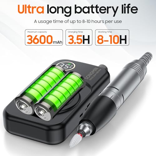 Cordless Nail Drill 35000 RPM with Bits Kit - Portable Electric Manicure & Pedicure Tool, Black