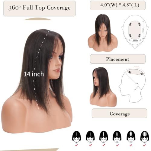 Hair Toppers for Women 14 Inch Real Human Hair Dark Brown with Reddish Undertone - 4x4.8 Inch Middle Part, Hand-Tied, Natural Scalp Line, Lightweight & Breathable - Variation: 4.0x4.8 Inches, 14 Inch, 4 Clips