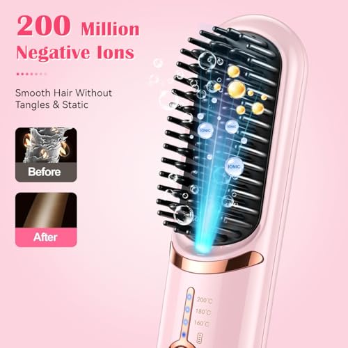 Hatteker Cordless Hair Straightener Brush Pink - Travel & Detangling Styling Tool