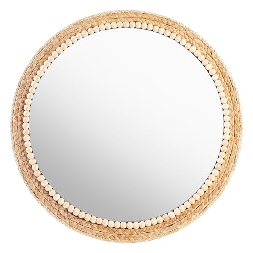 21 Inch Boho Round Wall Mirror with Rattan & Wooden Beads - Farmhouse Decor - Variation: Wood