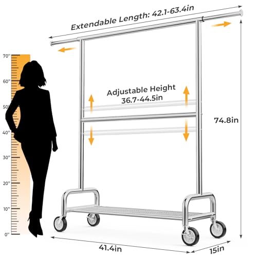 Heavy Duty Clothes Rack with Double Rods - Load 860 lbs, Portable & Adjustable, Silver - 15 x 63.4 x 74.8 in