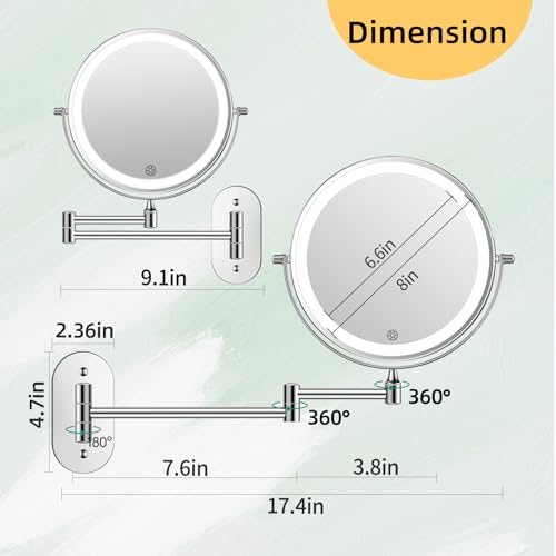 FUNTOUCH 5000mAh Rechargeable Wall-Mounted Makeup Mirror with Light - Polished Chrome