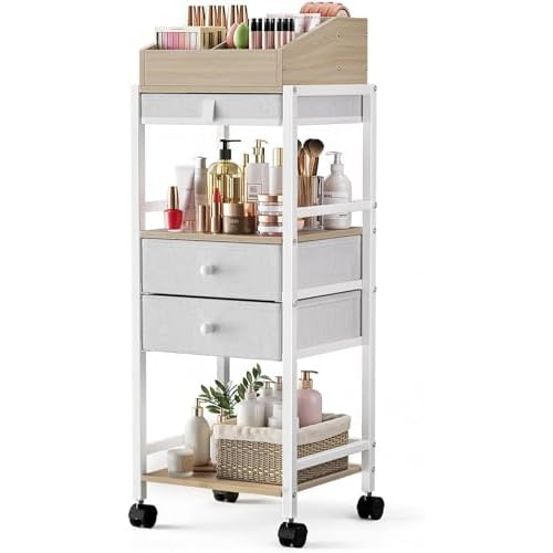 Luxspire Makeup Organizer Cart, Floor Skincare Organizers, Makeup Storage with Drawers, Vanity Organizer Cosmetics Display Cases Holder for Skin Care, Perfume, Makeup Brush, Hair Tool, Wood & White