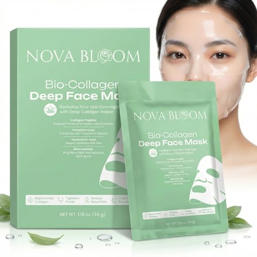 Nova Bloom Bio-Collagen Deep Overnight Mask ? Hydrating Hydrogel Face Mask for Korean Glass Skin Glow ? Low Molecular Collagen, Niacinamide & Hyaluronic Acid ? Pore Refining & Anti-Aging (Pack of 15)