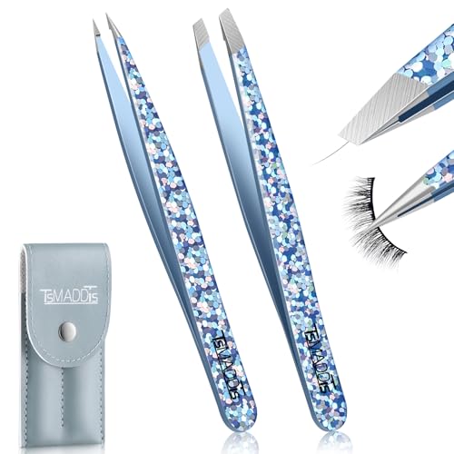 TsMADDTs Eyebrow Hair Removal Tweezer, 2-Pack Slant and Point Tip Tweezers for Women and Men Eyebrows, Facial and Ingrown Hairs, Stainless Steel