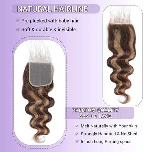 Highlight P4/27 12 Inch Body Wave Lace Closure Human Hair 5x5 Highlight Brown Honey Blonde Piano Color