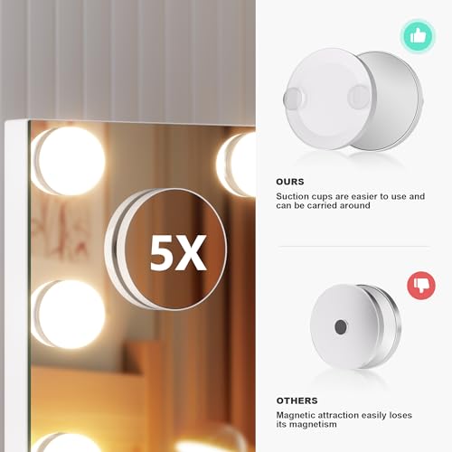 Hasipu Vanity Mirror with Lights and Bluetooth Speaker, 17.7" x 13.8" Hollywood Mirror, Makeup Mirror with 14 Dimmable Bulbs and 10X Magnification, 3 Colors Modes, 360¡Æ Rotation, White