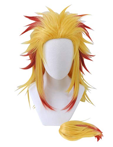 Rengoku Shinjurou Cosplay Wig with Ponytail - Yellow Red, Heat-Resistant for Halloween & Costume