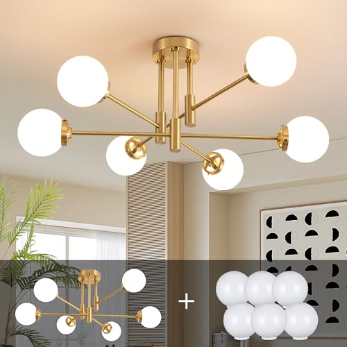Biewalk Gold 6-Light Sputnik Ceiling Light Fixture with Milk White Glass Shades - Modern Adjustable Chandelier