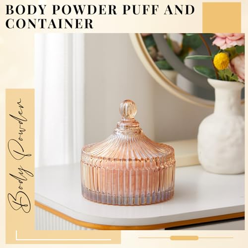 Tioncy Amber Glass Jar with Large Powder Puff Set – 6 Inch Makeup & Body Powder Container, Elegant Cosmetic Organizer, 2 Pieces
