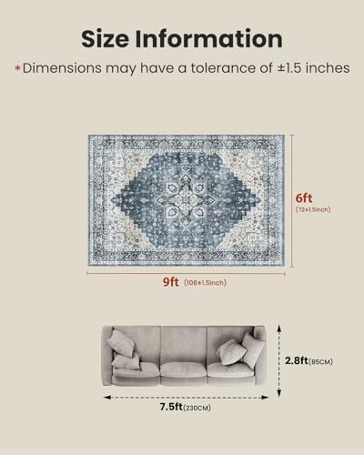 Amada 6x9 Blue Washable Area Rug for Dining Room - Vintage Pattern, Non-Slip