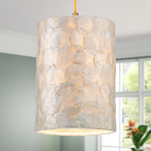 LumFurn D7in Gold Capiz Shell Chandelier - Adjustable Coastal Ceiling Light Fixture