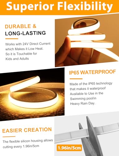 Lamomo 65.6Ft COB LED Strip Lights Warm White Dimmable Waterproof Neon Tape with Remote