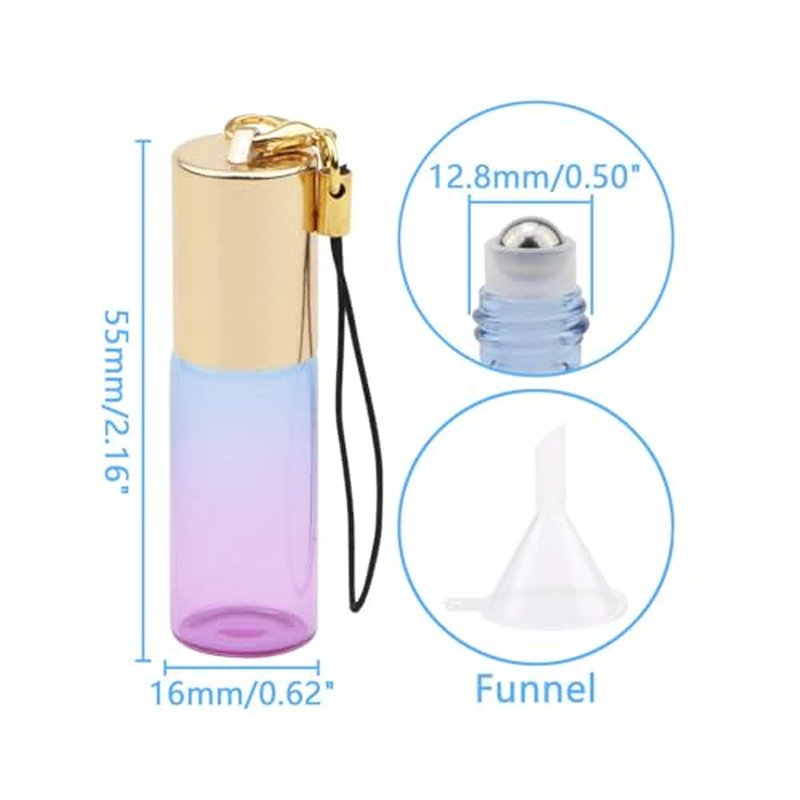 10 Pack 5mL Glass Roller Bottles Blue Purple Gradient with Keychain Rollerball Applicator for Essential Oils Perfume DIY Crafts Samples Eye Care Leak Proof Portable Refillable Empty