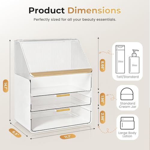 Makeup Organizer Countertop with Drawers & Lid, Skincare Organizer for Vanity, Large Cosmetic Organizer & Display Cases and Storage for Bathroom & Desktop. Perfect for Girl Women Mom Gifts