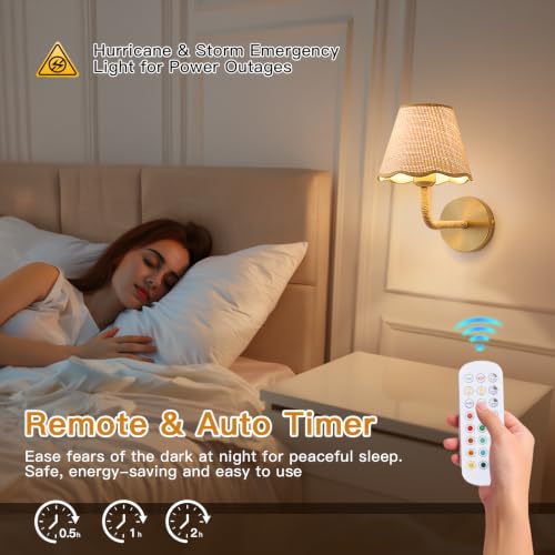 2 Pack Battery Operated Rattan Wall Sconces for Bedroom Living Room – Handcrafted Boho Wall Lights with Remote Control