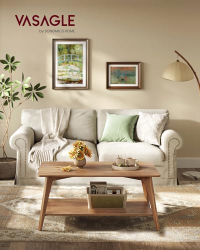 VASAGLE Honey Brown 2-Tier Coffee Table with Storage & Tapered Legs