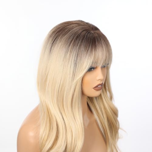 Rooted Honey Blonde Wig with Bangs - 24 inch Wavy Voluminous High Crown Style for Women, Realistic Scalp, Easy Shake & Wear, SHINEDIARY