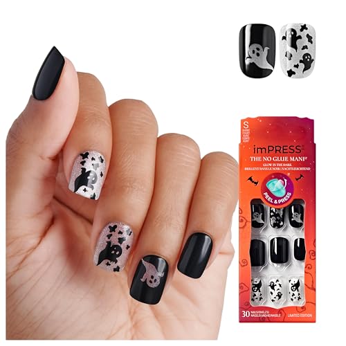 KISS imPRESS Halloween Press On Nails, ¡®Coming Near¡¯, Black, Short Squoval, Magnetic Powder Effect, No Glue, Glow-In-The-Dark, Includes Prep Pad, Mini Nail File, Manicure Stick & 30 Fake Nails