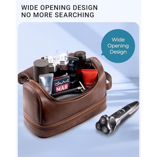 Elviros Toiletry Bag for Mens PU Leather Travel Organizer Kit with Hanging hook, Large Water-resistant Toiletries Bathroom Shaving Bags (Extra Large, Dark Brown)