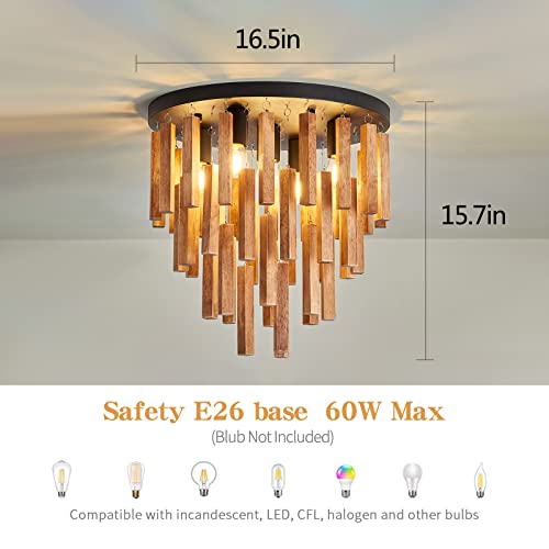5-Light Semi Flush Mount Ceiling Light Fixture Rustic Wood Black Farmhouse Chandelier