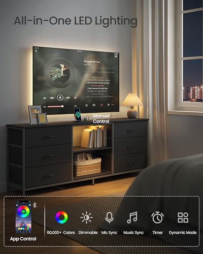 SONGMICS TV Stand for Up to 70 Inch TVs with 6 Fabric Drawers & Shelves - Ink Black, 13.8D x 68.4W x 26.8H