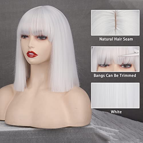 MERISIHAIR Short Bob White Wig with Bangs Silver White Short Wigs for Women Straight Bob White Cospaly Hair Wig for Daily Party Halloween