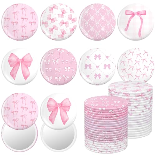 Namalu 48 Pcs Pink Bow Party Favors Pink Bow Coquette Mini Pocket Mirrors Inspirational Christian Gifts Bulk for Women Portable Round Makeup Mirror Church Religious(Cute Style)