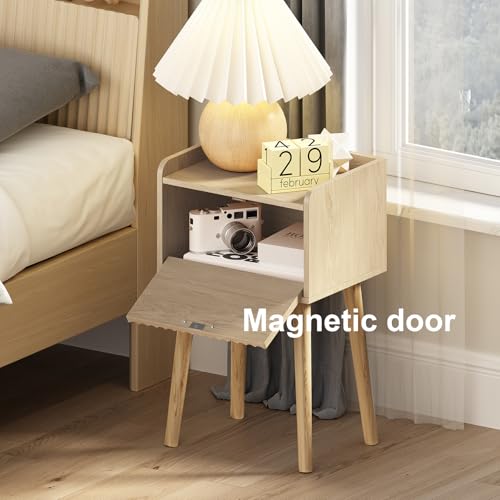 LAATOOREE Nightstand Set of 2 - Small Bedside Tables with Fluted Door, Natural/Fluted Style