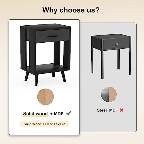 24-inch Nightstands Set of 2 with Fabric Drawers, Black - Modern Bedroom Storage