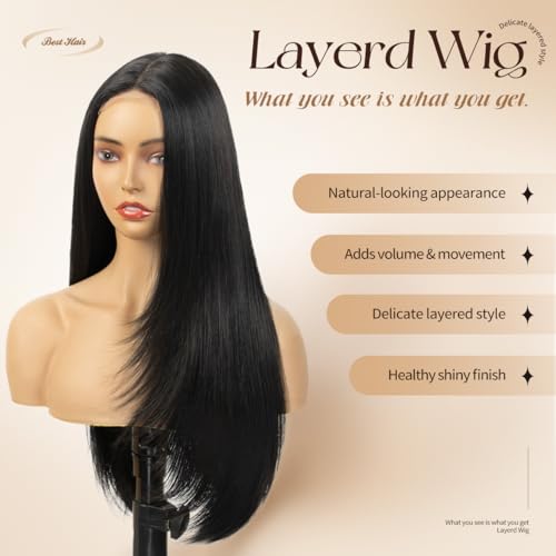 Long 26 Inch Lace Front Wig - Natural Black 200 Density, 4x1 Closure - Black