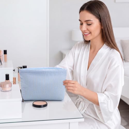 Sanwuta 6-Pack Seersucker Stripe Makeup Bags - Blue, Spacious & Durable