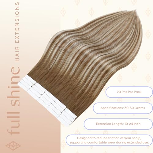 Full Shine Tape-In Hair Extensions Brown Caramel Blonde Ombre 12 Inch - Ash Brown to Ash Blonde Variation
