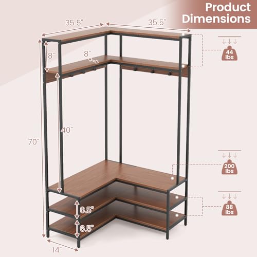 GIANTEX Walnut & Black Corner Coat Rack with Bench & Shoe Storage - L-Shaped Hall Tree