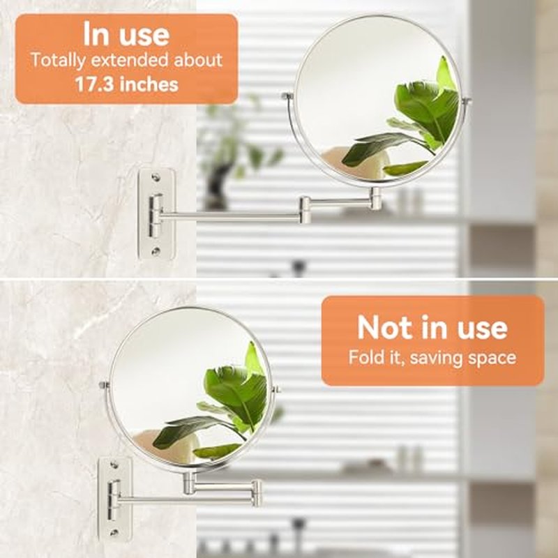 8" Extendable Bathroom Mirror Wall Mount with 1X/10X Magnification, 360¡Æ Swivel Double Sided Vanity & Shaving Mirror, Nickel Finish (No Light)