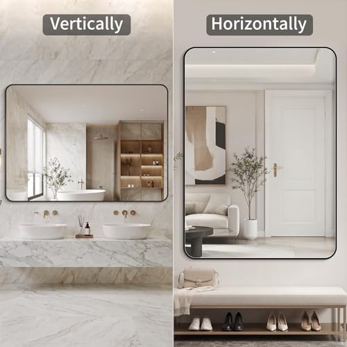 Black Bathroom Mirror 30x48 Inches Wall-Mounted Frameless Tempered Glass