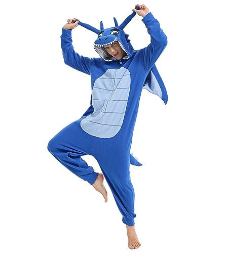 Focupaja Adult Dragon Onesie Pajamas - Medium Blue Animal Cosplay Jumpsuit