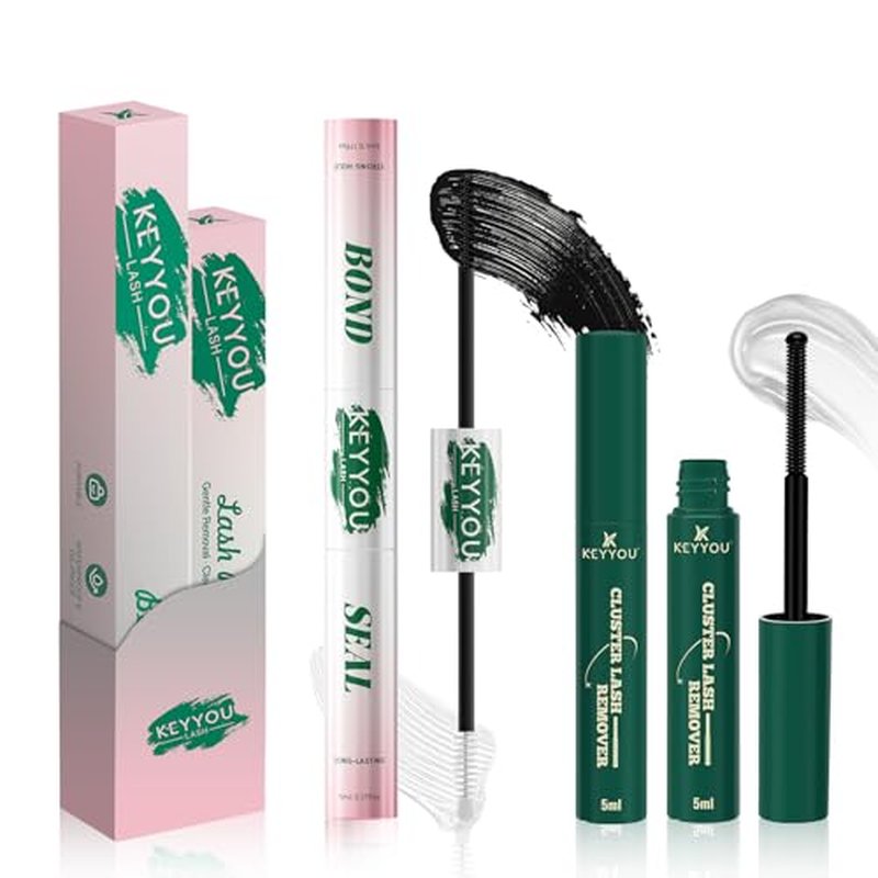 KEYYOU LASH Lash Bond and Seal with Remover, Black Lash Glue Waterproof for Lash Clusters, Long-Lasting Strong Hold DIY Eyelash Glue, Vegan Non-Irritating with Gentle Oil-Based Lash Remover