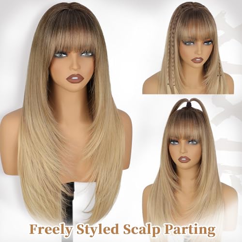 Ombre Blonde Long Straight Layered Wig with Bangs - Natural Realistic Synthetic Hair