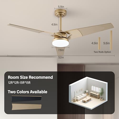 52 Inch Gold Ceiling Fan with Lights and Remote - Reversible Low Profile Fan