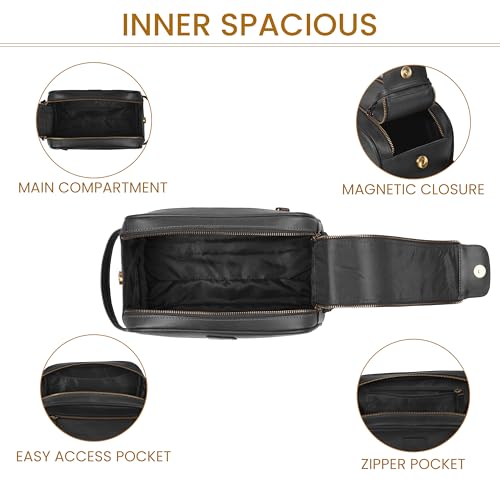 Leather & Latch Full Grain Leather Toiletry Bag Black Water-Resistant Travel Organizer