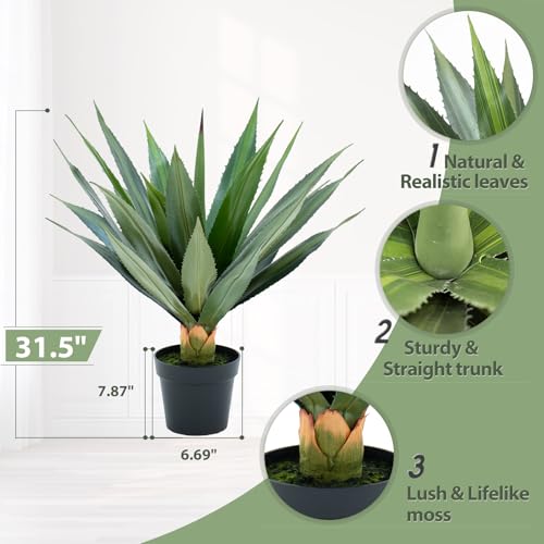 Artificial Spiked Agave Plants 32 Inches Tall, UV Resistant Faux Succulents, 2 Pack - Green