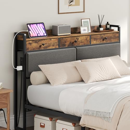 YATINEY Queen Size Headboard with Storage & Charging Station, Adjustable, Rustic Brown/Black