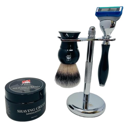 G.B.S 4 Piece Shaving Set, 5 Blade Cartridge Compatible Black Handle Razor, Black Shaving Brush Synthetic, Shave Razor and Brush Stand, Sandalwood Shaving Cream Grooming Kit for Men