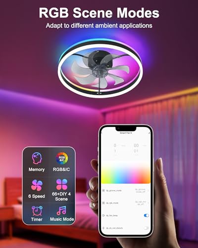 Black 20 Inch RGB Ceiling Fan with Light - Voice Control & Music Sync