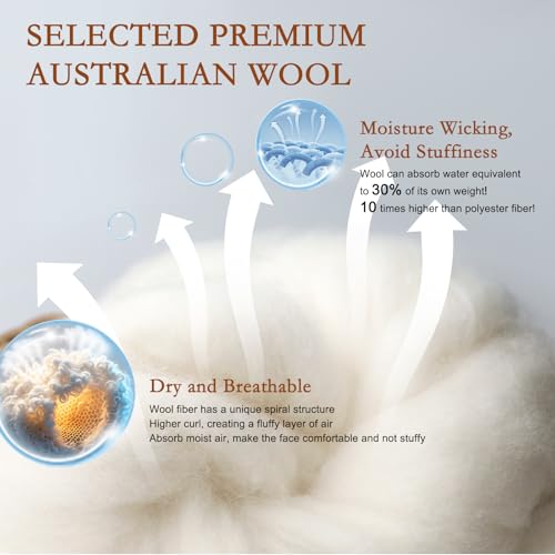 Natural Wool Pillow Set of 2 - Off White, Standard Size, Support Gusseted Bed Pillows for Side Sleepers